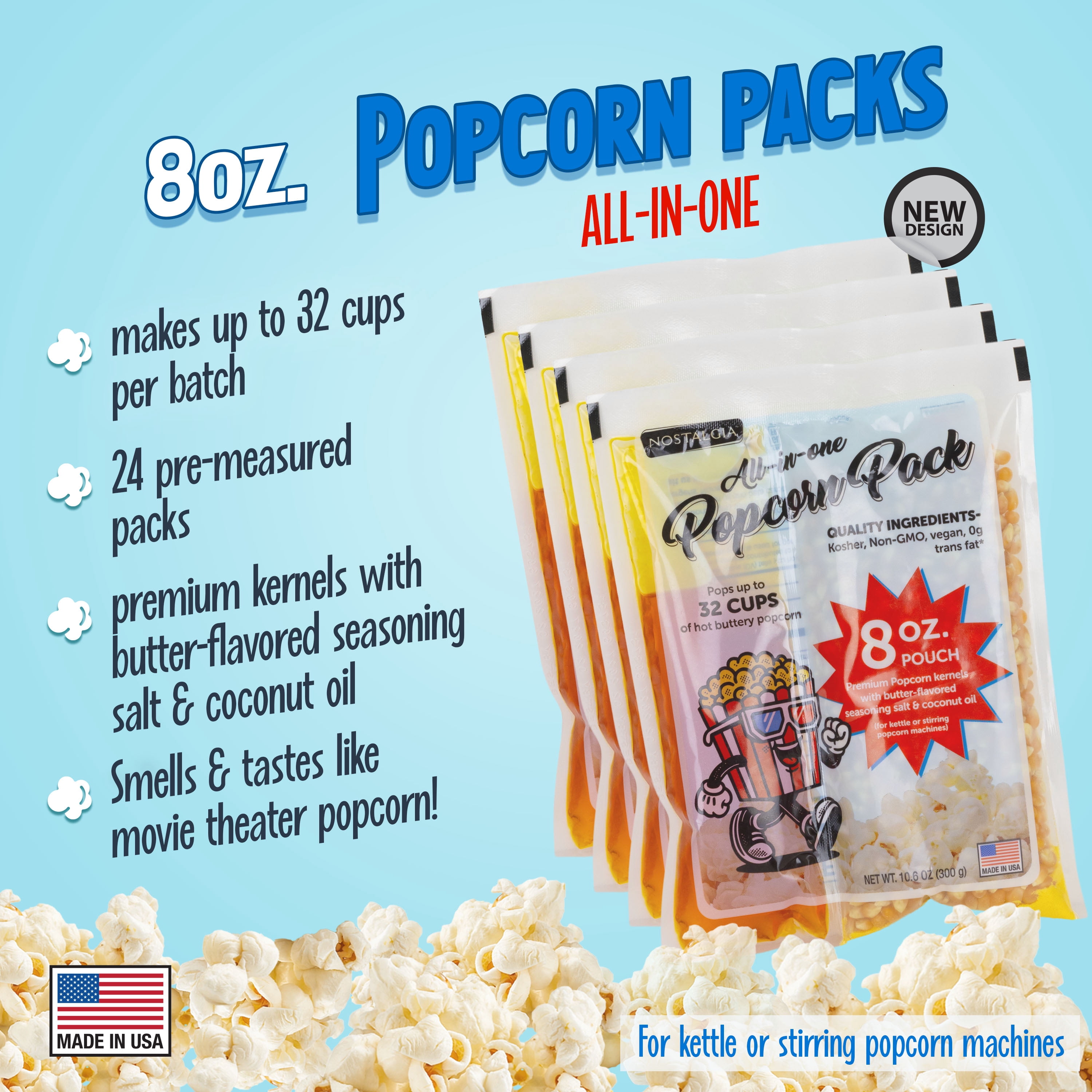 Nostalgia Popcorn Kit, 8 oz Popcorn Packs with Kernels Oil and Seasoning Salt, 32 Cups Per Batch, 24-Pack