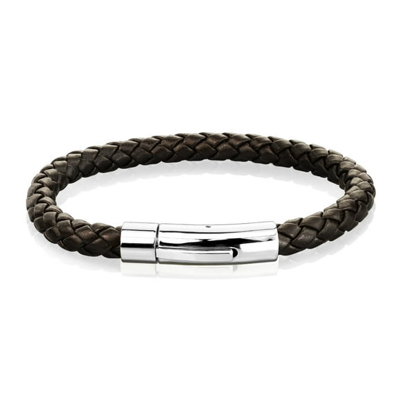 Men Braided Bolo Leather 8" Bracelet W/ Stainless Steel Locking Clasp Brown Silver