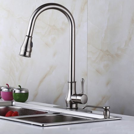 16 Kitchen Sink Faucet Brushed Nickel Pull Out Spray Swivel Spout
