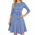 thumbnail image 2 of Delconic Women’s A-Line Midi Dress with 3/4 Sleeves and Waist Tie Elegant Crew Neck Fit Flared Skirt Design for Daily Wear Sky Blue S, 2 of 5