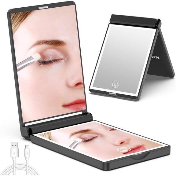 Lighted Compact Mirror, Rechargeable Travel Makeup Mirror with Light,1x/3x Magnifying,Folding Portable Mirror,Dimmable,Gifts for Girls,Black