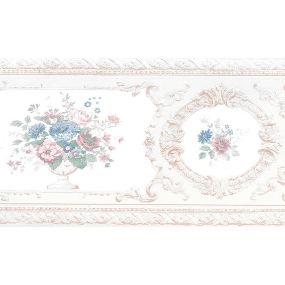 Dundee Deco Prepasted Wallpaper Border - Victorian Gray, Beige Flowers in Vases, 15 ft x 7 in