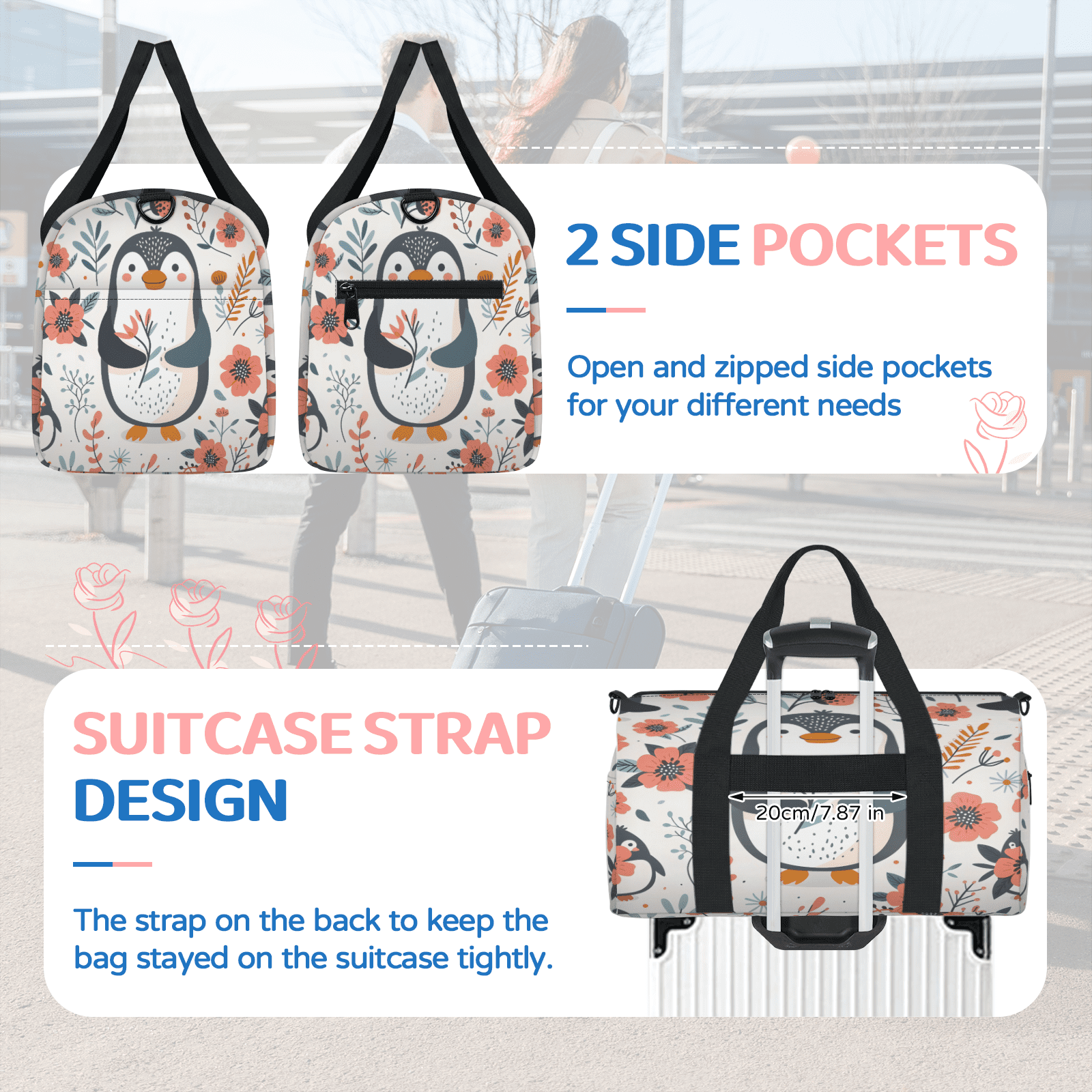 Herdesigns Penguin Travel Duffle Bag Sports Yoga Weekender Overnight Carry on Workout Bags Lightweight Waterproof Gym Tote Bag for Women Flower