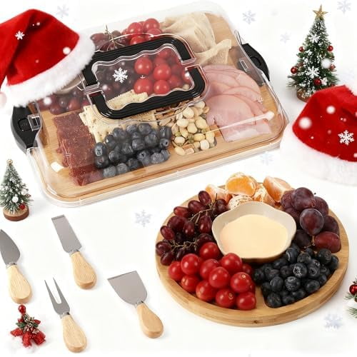 Charcuterie Board Set with Clear Locking Lid & Compartments, Portable Bamboo Serving Tray for Travel, Picnics & Parties – Ideal Serving Platter & Gift for Home