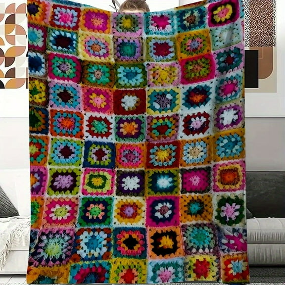 Soft Flannel Crochet Checkered Blanket - Multi-Color Pastel, All-Season Cozy Throw for Couch, Bed, Travel - Perfect Gift for Birthday, Christmas, Halloween - Lightweight & Warm Home Decor, Versatile