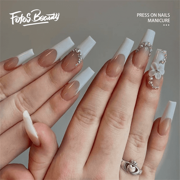Fofosbeauty 24pcs Press on False Nail Tips Extra Long Coffin Manicure Full Cover Fake Nails,White Floral Rhinestones