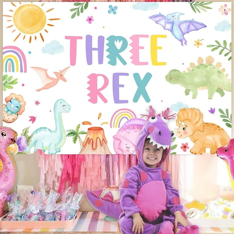 Dinosaur 3rd Birthday Backdrop for Girls Three Rex Dinosaur