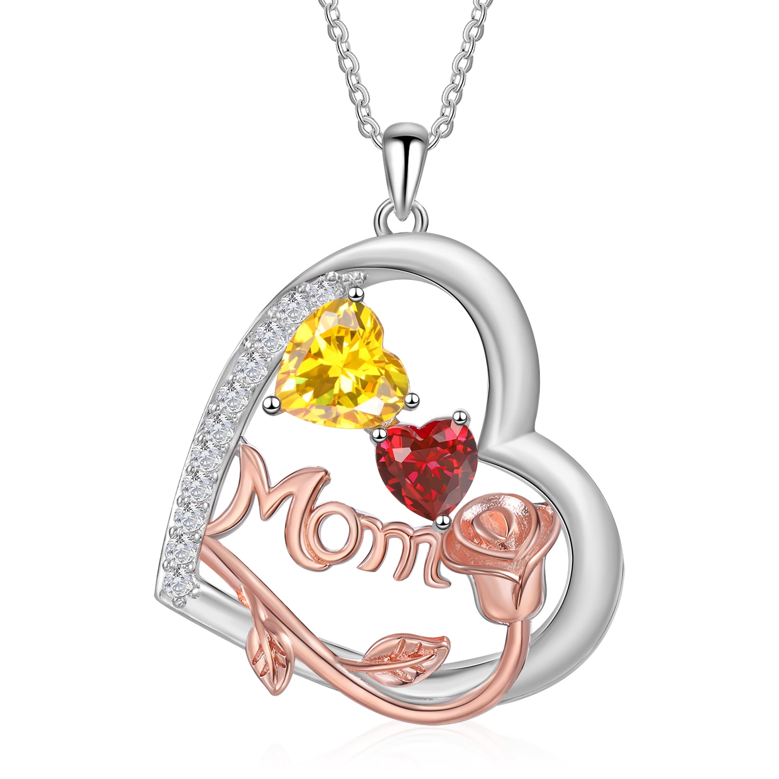Mementos Customized Brass Heart Family Women's (Mother's) Necklace with 2 Birthstones and Names