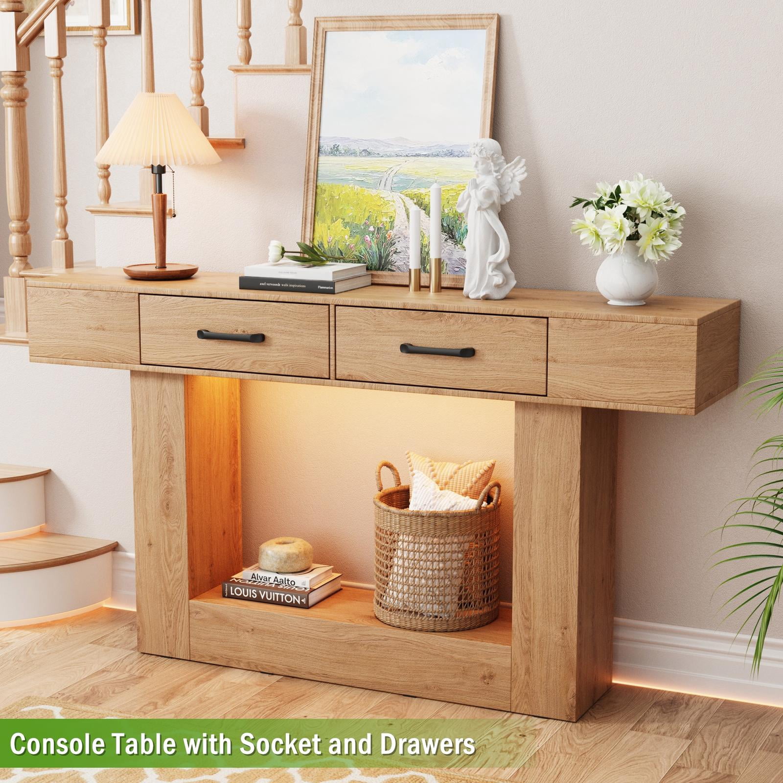 Console Tables for Entryway, Holaki 63" Long Console Table, Modern Farmhouse Entryway Table with Outlet, LED Strip & 2 Drawers for Living Room Office