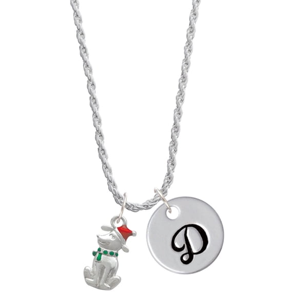 Delight Jewelry Silvertone 2-D Christmas Dog with Red Hat Silvertone Script Initial Disc - D - Charm Necklace, 20"+3"