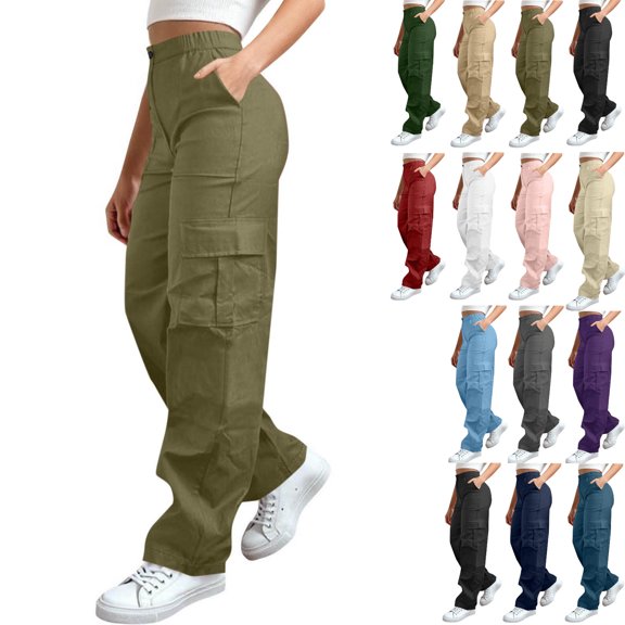 fheaev Plus Size Cargo Pants for Women Button Zip High Waisted with Pockets Athletic Climbing Hiking Wear Army Green L