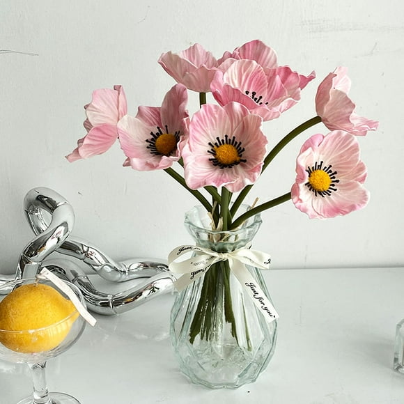 Xiao Hua artificial poppy stem PU real touch imitation poppy flower silver lotus fake flower suitable for wedding bouquets, home garden flower decoration, pink, 16 pieces
