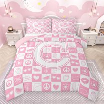 Feelyou Initial C Letter Full Size Comforter Sets for Teens, Love Heart Bowknot Bedding Comforter Set, Pink Princess Style Reversible Bedding Sets, Luxury Bedroom Decor, 3 Pieces