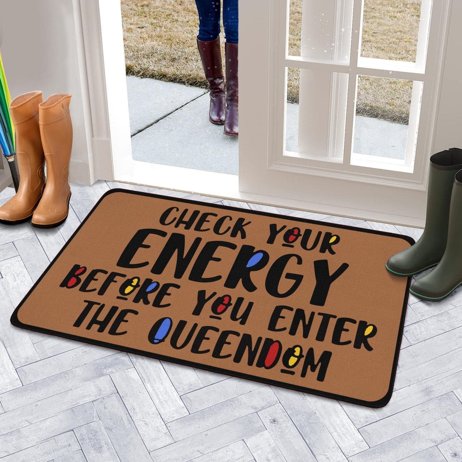 Linen Door Mat Check Your Energy Dirt Resist Funny Rug Indoor and Outdoor Front Entrance Doormat Home Decor Heavy Rubber Backing for Non Slip, 30" X 17"