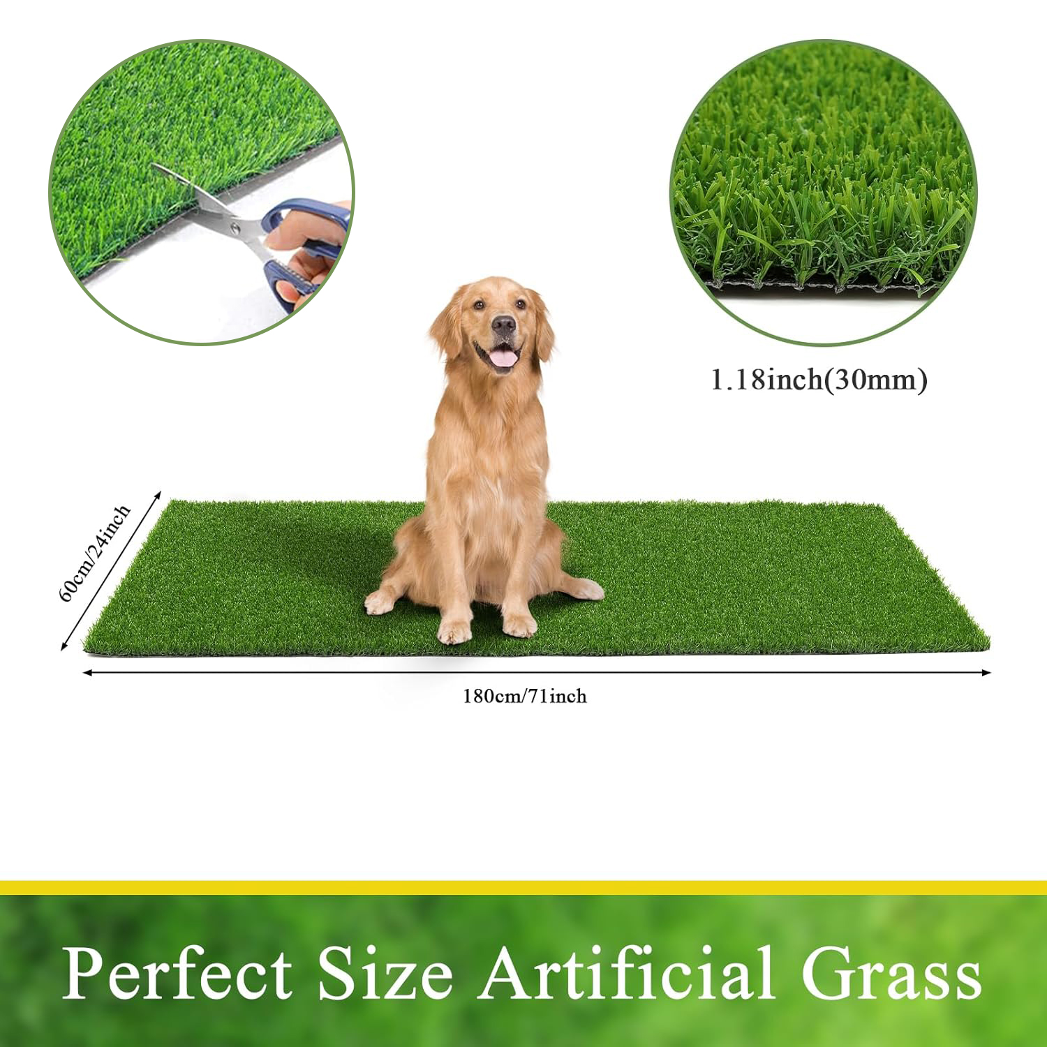 Katinyos Artificial Grass Turf, 2FT x 6FT Artificial Grass Rug, Dog Grass Mat with Drainage Holes, Synthetic Fake Grass for Garden Lawn Landscape Christmas Weddings
