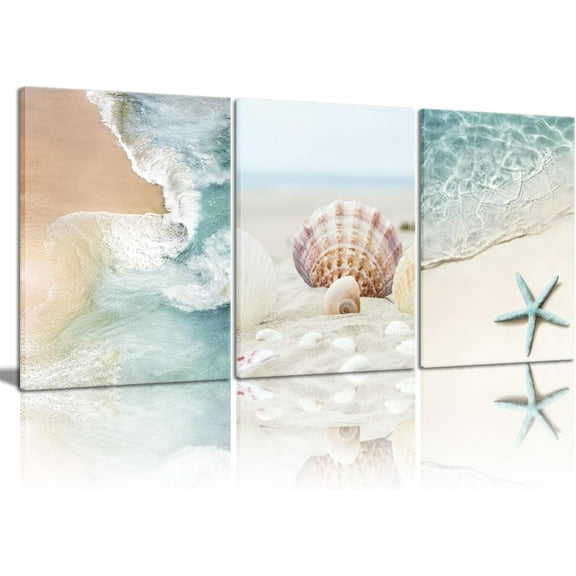 3 Pcs Seashell Starfish Posters Decorative Painting Beach Waves Canvas Prints Summer Relaxing Coast Wall Decor for Bathroom, Bedroom, Dining Room, Sea View Room Wall Decor, 12x16Inch Und
