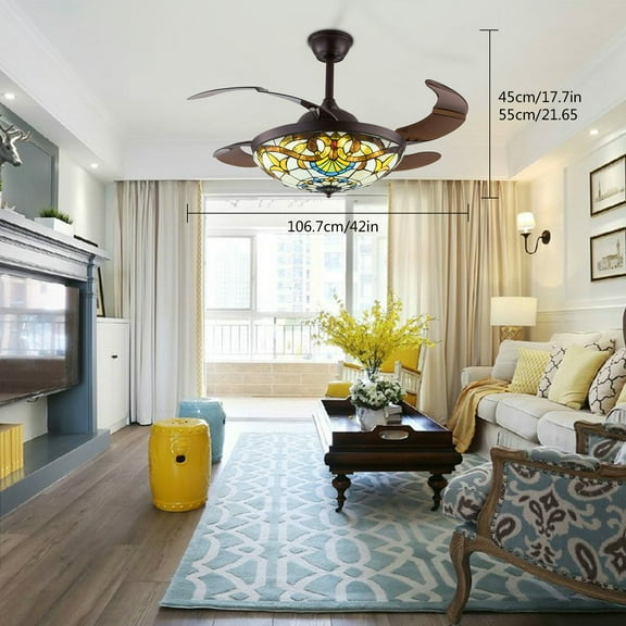 Tiffany Style Invisible Ceiling Fan Light LED Chandelier w/ Remote 42"