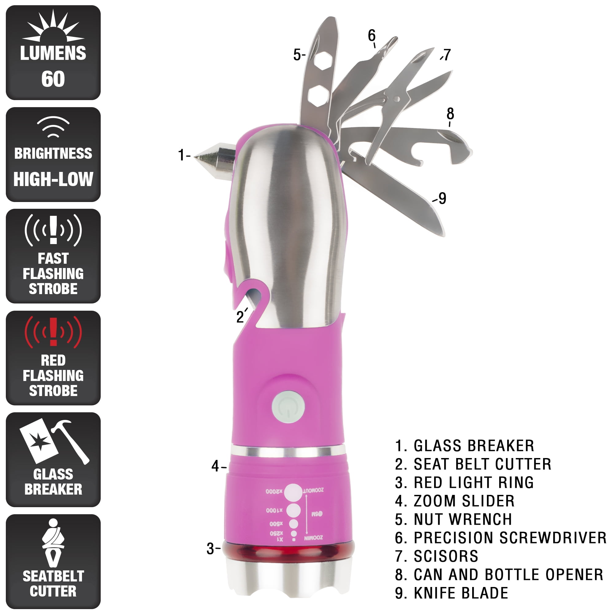 Stalwart Multi Tool LED Flashlight, All In One Tool Light (Pink) (With Glass Breaker and Seatbelt Cutter)