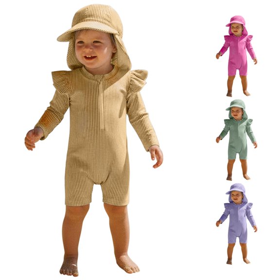 JAJAHO Toddler Baby Boys Swimsuit Long Sleeve Rash Guard Zipper Front Striped One Piece Bathing Suit With Sun Hats 2 Piece Set 0-24M Cute Beachwear