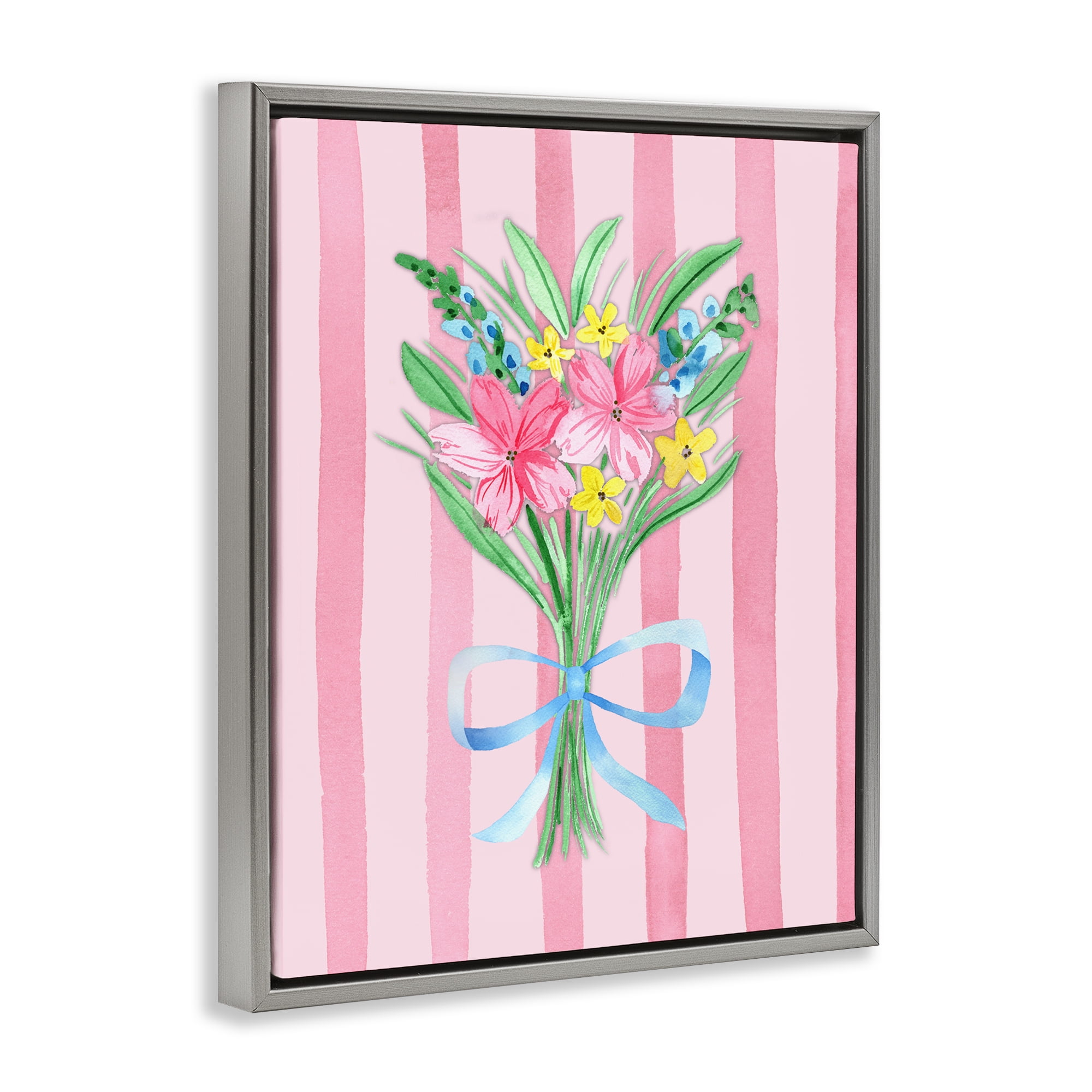 Spring Bouquet & Bow Stripes Gray Framed Floater Canvas Wall Art, design by Nina Jacobs