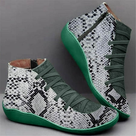 

Toe Lace-up Ankle Round Casual Leopard Zipper Print Side Fashion Women s Boots Flat women s boots