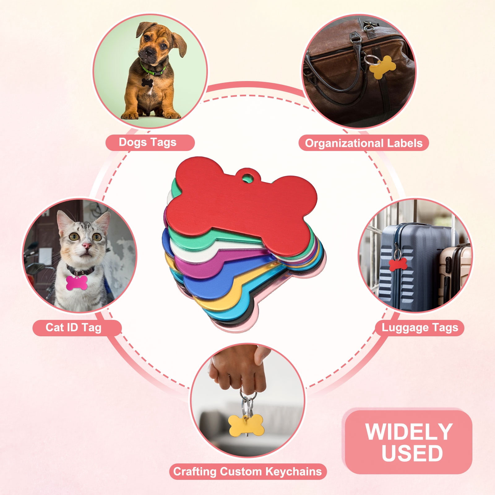 Pet ID Tags, Personalized Dog Cat Tag Aluminum Bone Shape Engraved Blank with Key Ring 38x25mm (Rose Red, 36 Pcs)