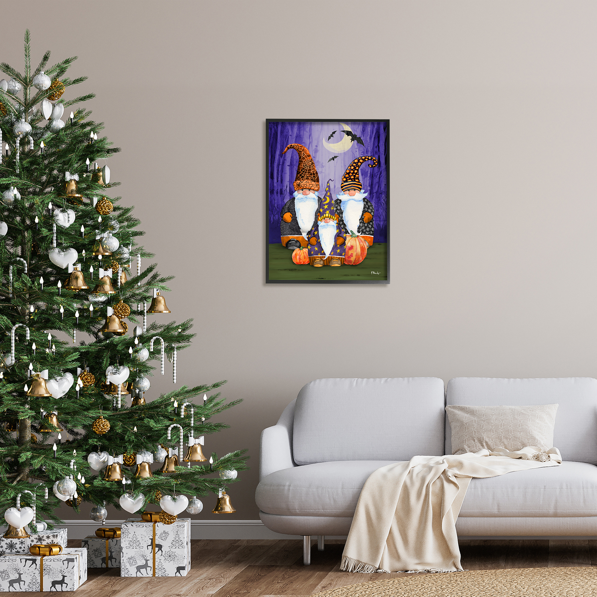 Stupell Industries Three Halloween Gnomes Holiday Painting Black Framed Art Print Wall Art, 24 x 30
