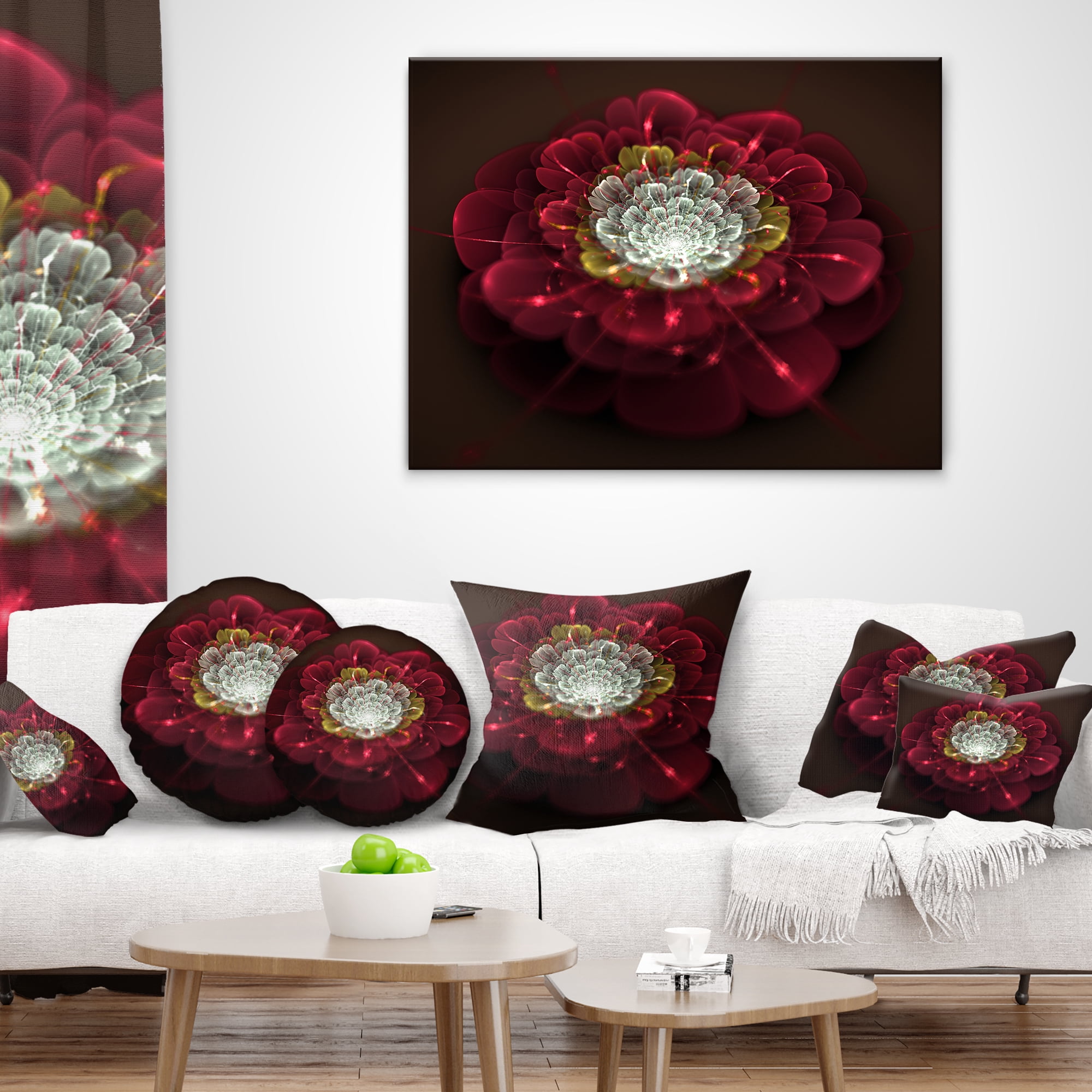 Designart Red Fractal Flower with White - Floral Throw Pillow - 12x20