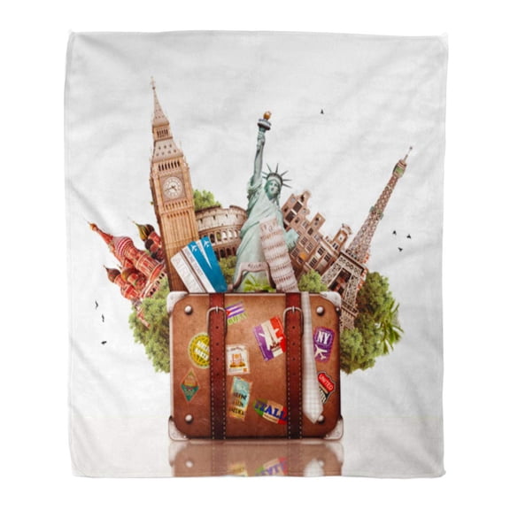 SIDONKU Flannel Throw Blanket Ben Landmark Tourism Suitcase Europe Travel Tour Paris Big Soft for Bed Sofa and Couch 50x60 Inches