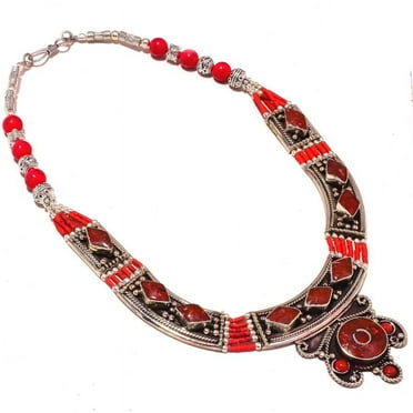 Red Coral Necklace Tibetan Silver Charm Beads Handmade Baho Jewelry 18" NN 2443