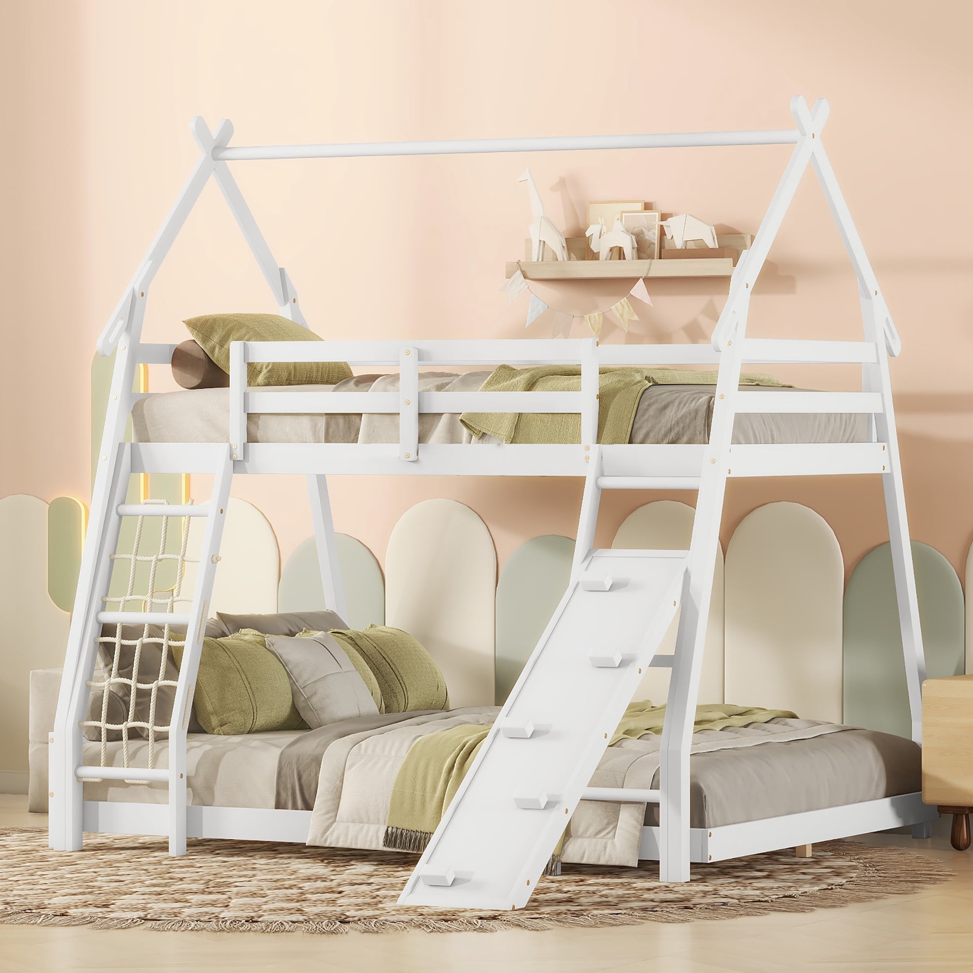 Euroco Twin over Queen Bunk Bed with Climbing Nets and Ramp for Kids Teens Bedroom, White