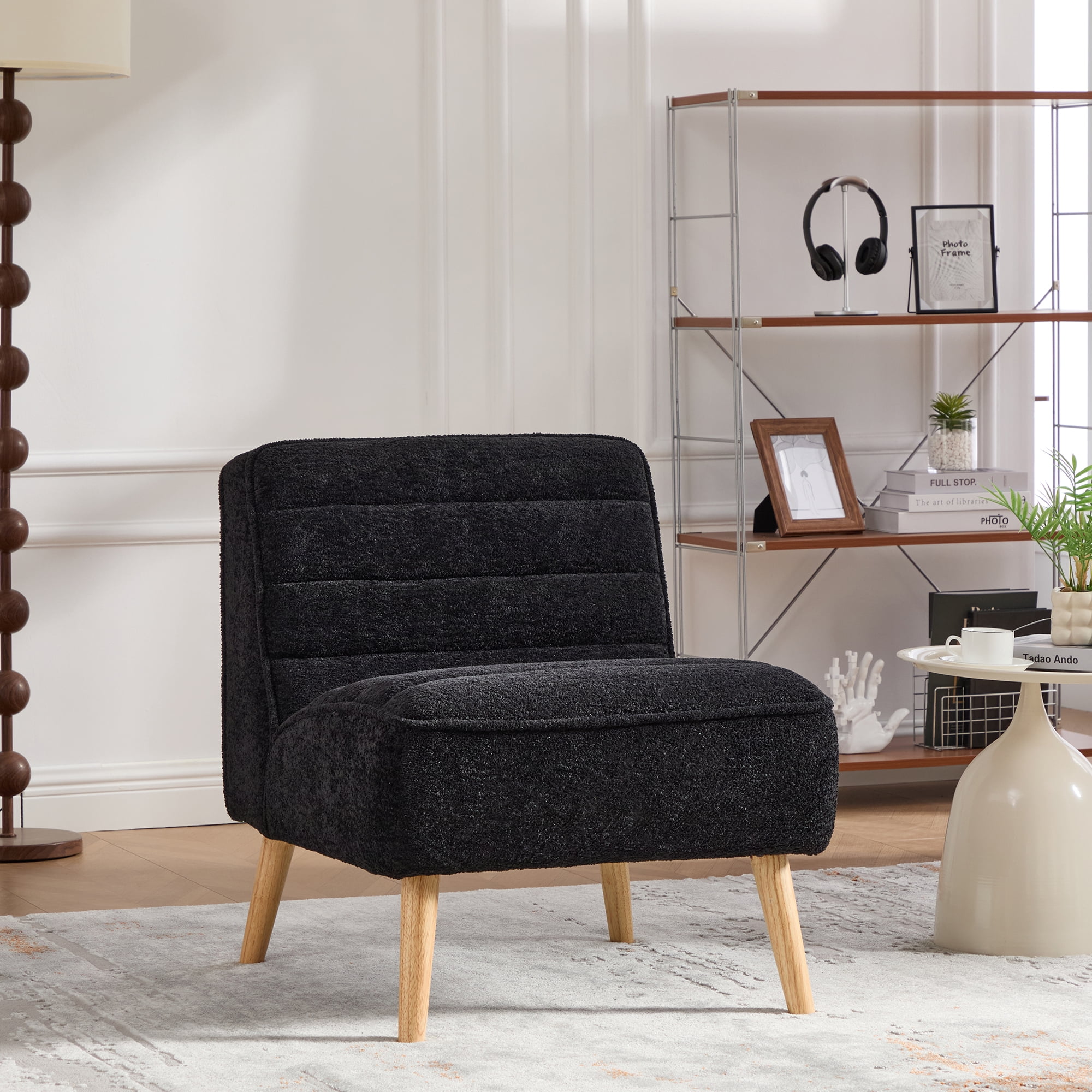 Leumius 24.4" Wide Modern Upholstered Armless Chair with Rubber Wood Legs, Chenille Accent Chair for Living Room Bedroom Office and Reading Room Black