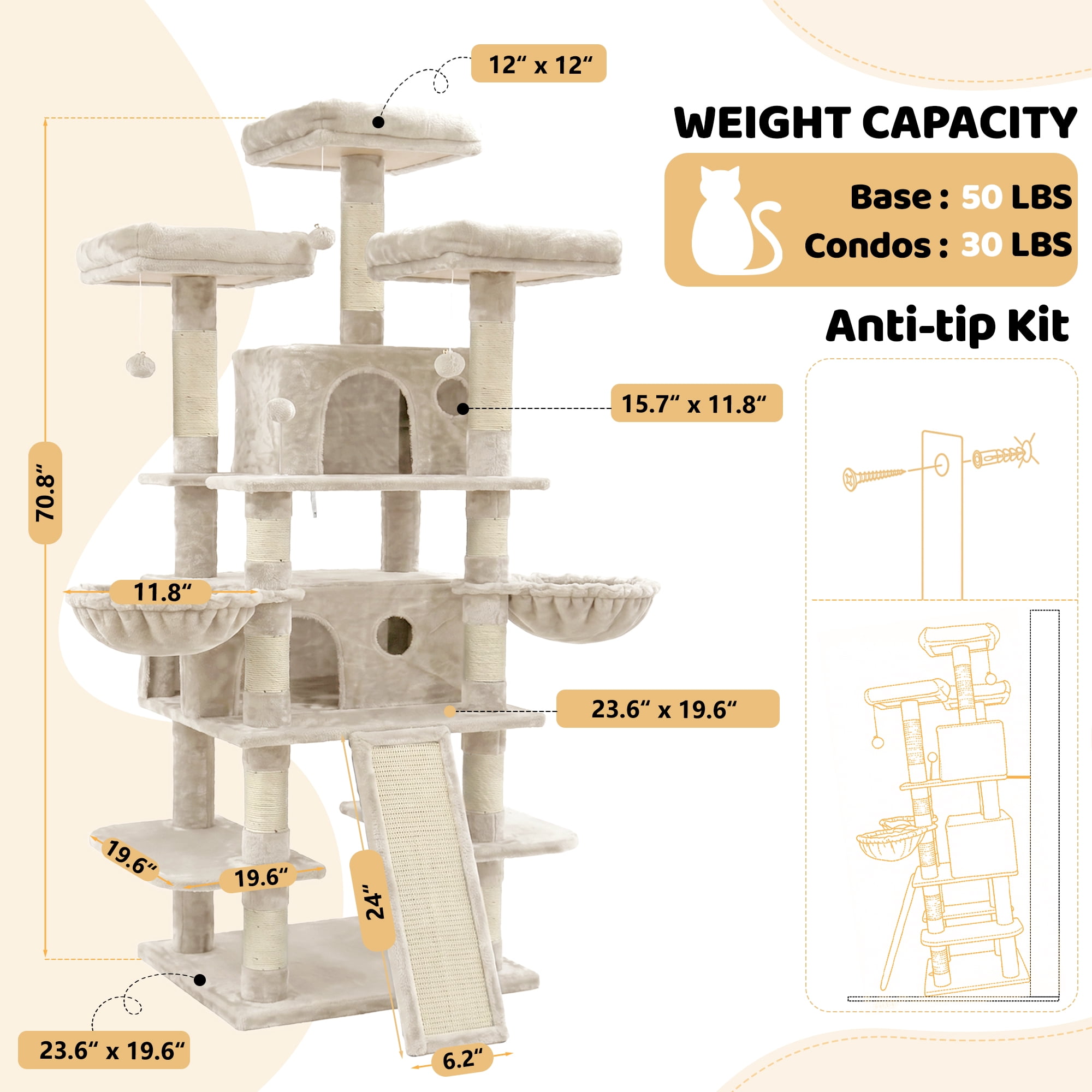 FOOWIN 70.8" Large Cat Tree, Multi-Level Cat Tower with Sisal Scratching Posts, Cat Activity Center Cat Play House, Beige