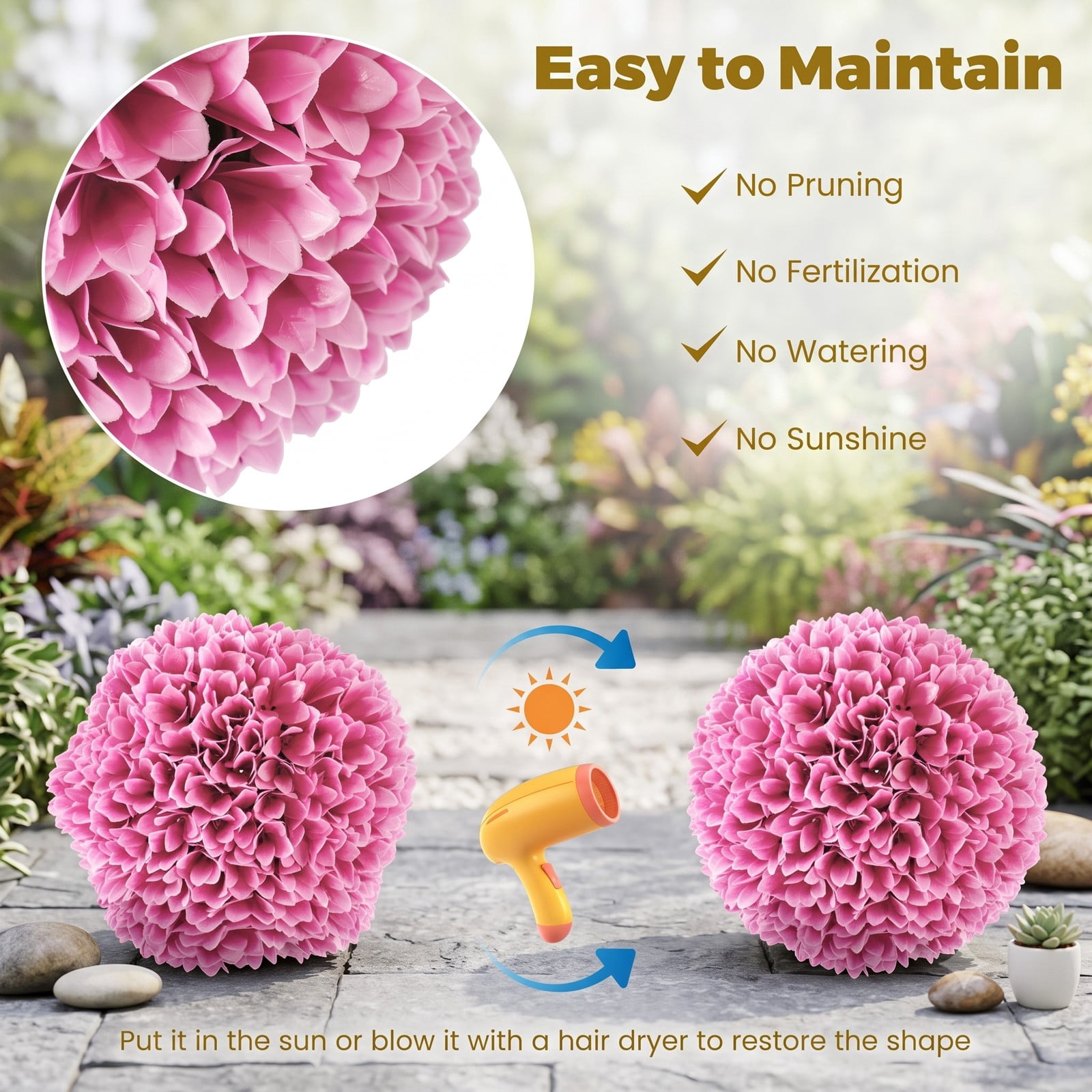 ALPULON Set of 2 Pink Artificial Topiary Balls, 11 Inch Lifelike PE Decorative Floral Spheres for Indoor Outdoor Porch Yard Home Wedding Decor