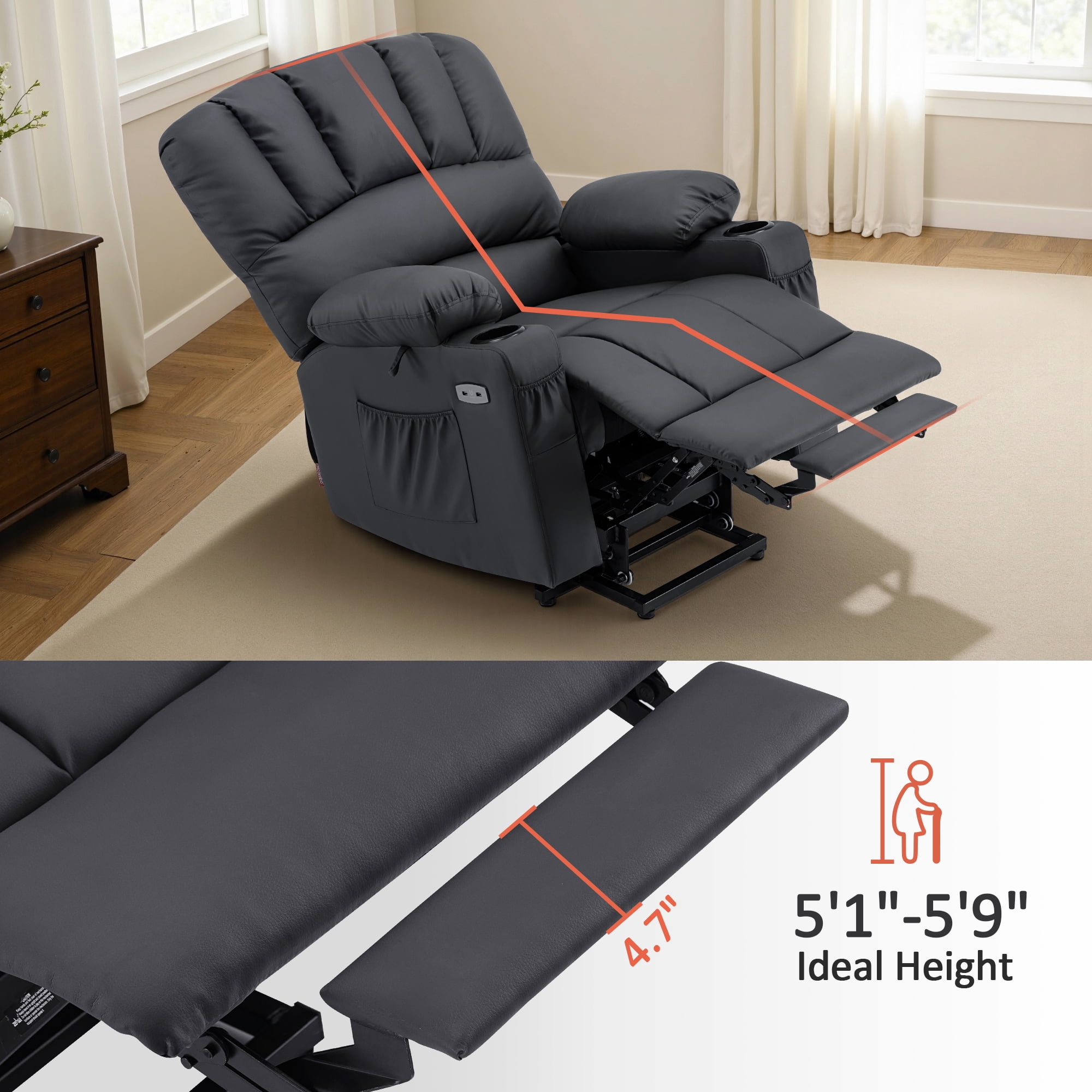 MCombo Power Lift Recliner Chair with Massage Heat, Extended Footrest, Faux Leather(Medium-Regular, Black)