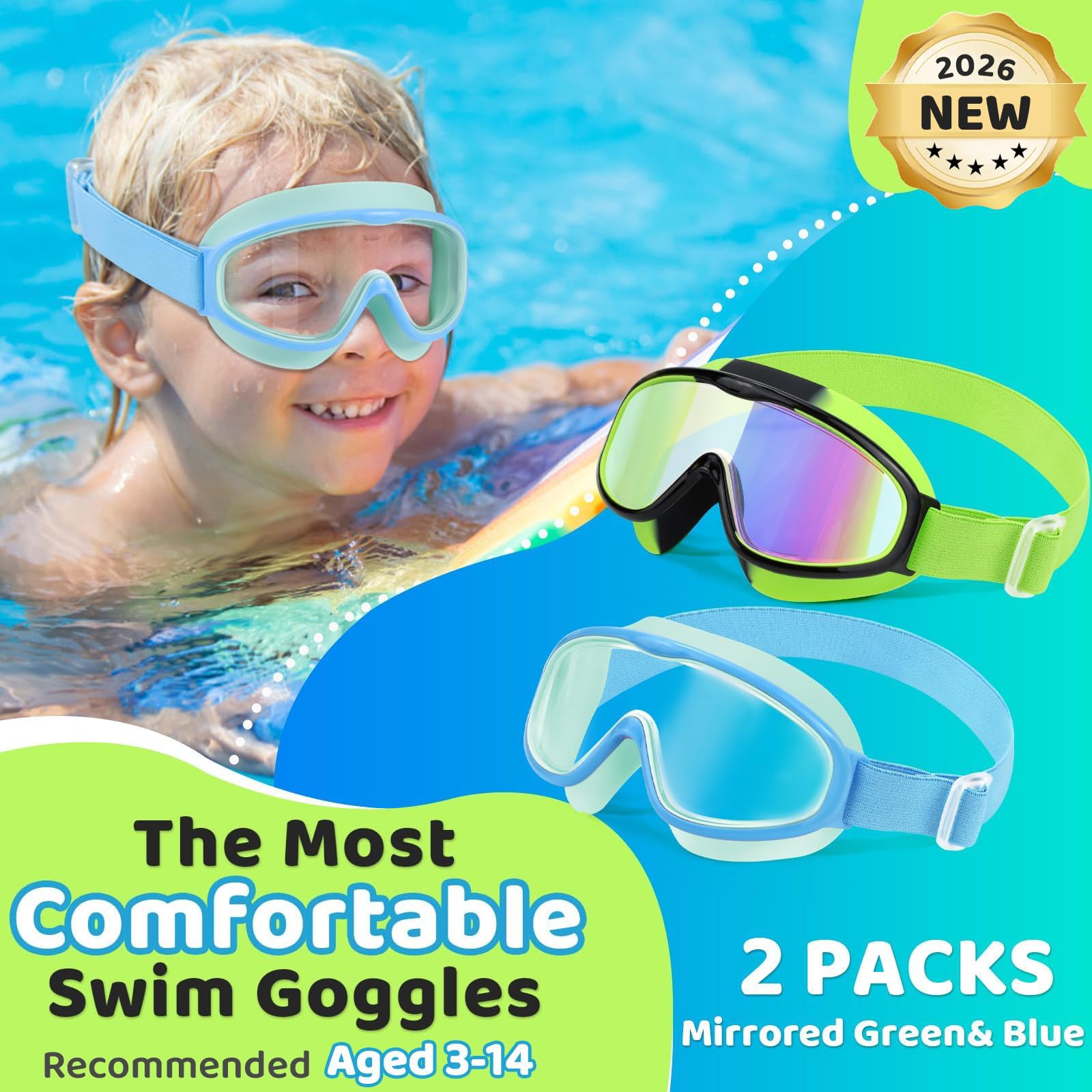 Vvinca Kids Swim Goggles with Comfort Strap, 2-Pack photo 2