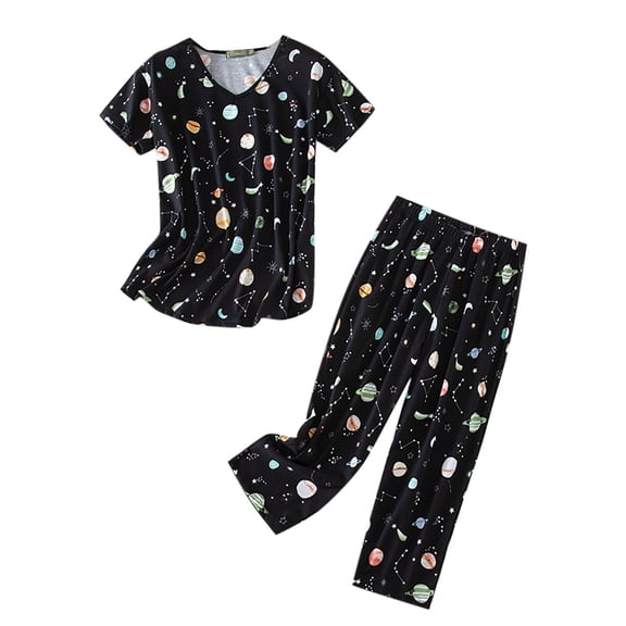 Yuncity Plus Size Pajama Sets For Women 2 Piece Cat Print Summer Short Sleeve Crew Neck Tops And Capri Pants Pjs Sleepwear Loungewear Nightwear,Size S-3Xl Black