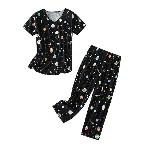 Wijhcboe 2025 Women Cotton Pajamas Set Lace Pajama Set Short Sleeve Top Capri Women S Pajamas Set Pants Sleepwear Plus Womens Sleep Set Night Gown Ladies Pajama for Women Gown