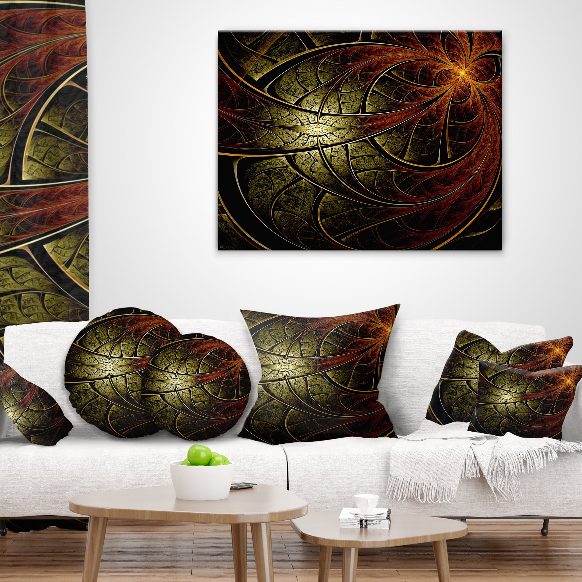 Designart Red Yellow Metallic Fabric Flower - Abstract Throw Pillow - 16x16