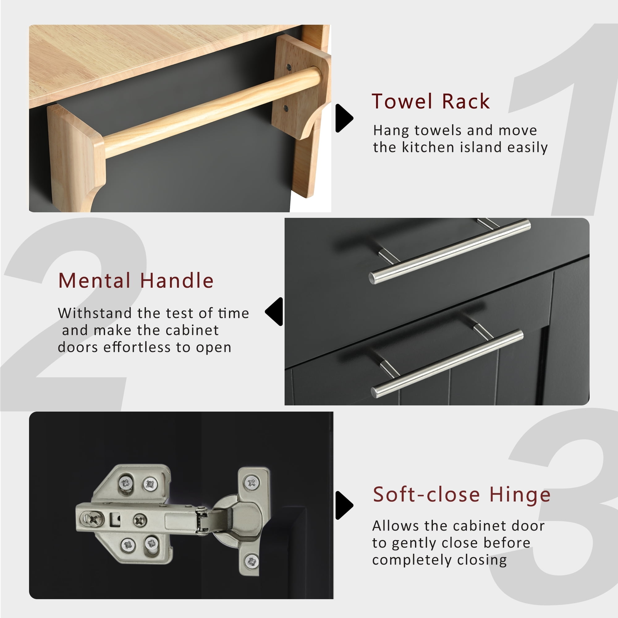DEALTOPS 46" Kitchen Island with Drop Leaf, Kitchen Storage Cart with 3 Tier Pull Out Cabinet Organizer, Internal Storage Rack, Rolling Kitchen Cart on Wheels with Towel Rack for Kitchen-Black