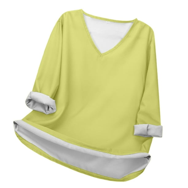 MHFRRA Camiseta Informal de Manga Larga con Cuello En V para Mujer. Camiseta Básica Cómoda para Uso Diario y Relajación. Ideal para Todas Las Estaciones. Combina Perfectamente con Jeans. Amarillo