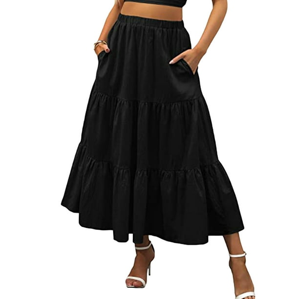 FOCUSNORM Women Tiered Skirt Ruffle Maxi Skirt High Waisted Flowy Boho ...