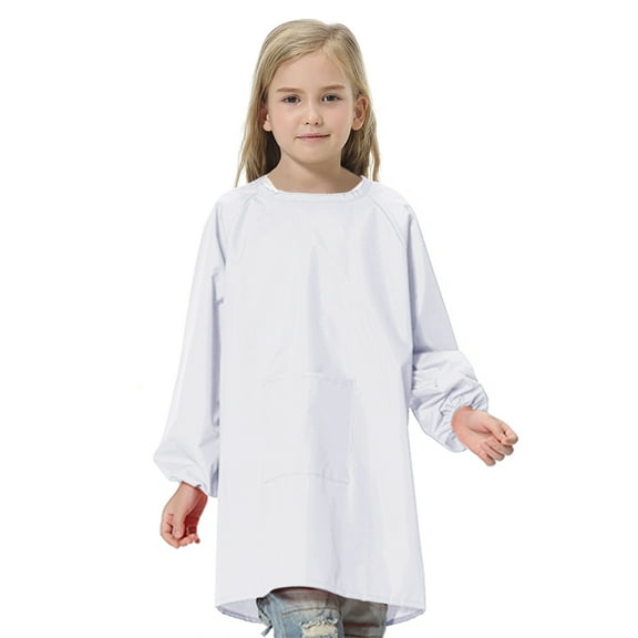 Toptie Kids Art Smock Waterproof Nylon Toddler Artist Painting Aprons with Front Pocket & Long Sleeve for Boys and Girls-White-M
