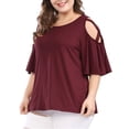 thumbnail image 5 of Unique Bargains Women's Plus Solid Strappy Cold Shoulder Trumpet Sleeve T-shirt, 5 of 5