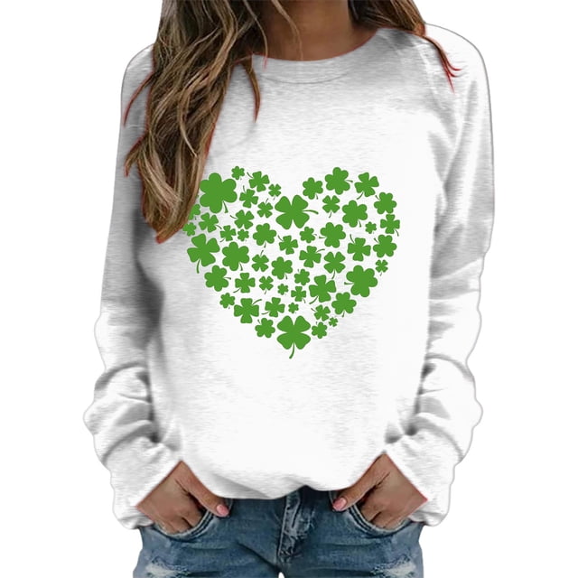 Outfmvch T-Shirt de la Saint-Patrick pour Femmes Tenues de la Saint-Patrick pour Femmes T-Shirts de la Saint-Patrick pour Femmes Imprimé Graphique Sweat à Manches Longues Col Rond Pull de Vacances Blanc TTG