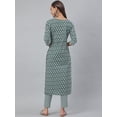 thumbnail image 6 of Jansaya Indian Keyhole Neck 3/4 Sleeve Block Print Green Cotton Straight Kurta with Pant For Women, 6 of 8