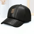 thumbnail image 3 of Pnellth Baseball Cap Fall Winter Peaked Hat Faux Leather Windproof Thickened Plush Solid Color Dome Soft Warm Long Brim Anti-slip Mid-aged Men Baseball Cap, 3 of 8