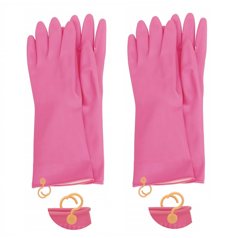 Myungjin 2 Pairs Reusable Waterproof Non-Slip Honeycomb Grip Latex Rubber Gloves with Hang-Dry Hooks / Hanging Loops for Dishwashing Household Cleaning Cooking