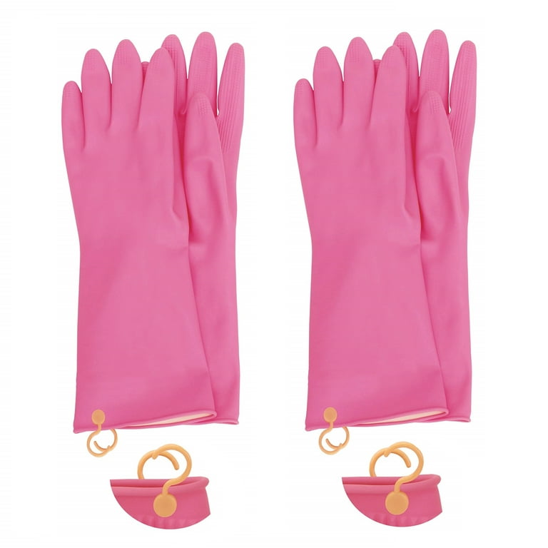 Myungjin 2 Pairs Reusable Waterproof Non-Slip Honeycomb Grip Latex Rubber Gloves with Hang-Dry Hooks / Hanging Loops for Dishwashing Household Cleaning Cooking