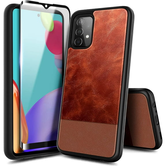 Nagebee Case for Samsung Galaxy A52s 5G/A52 5G/A52 4G LTE with Tempered Glass Screen Protector (Full Coverage), Premium Cowhide Leather Hybrid Defender Protective Shockproof Rugged Durable (Brown)